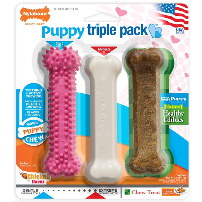 Nylabone Puppy Chew Variety Toy Treat Triple Pack Chicken Lamb Starter Kit; 1ea-SMall-Regular Up To 25 Ibs.