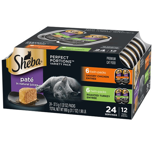 Sheba Perfect Portions Pate Chicken Entree/Turkey Grain Free Cat Food 2.6Oz/12Pk