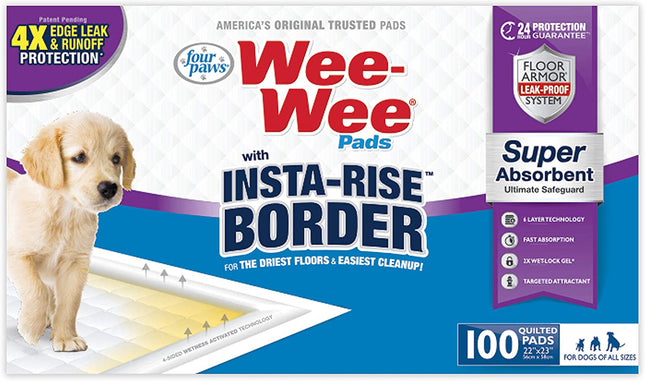 Four Paws Wee-Wee Pads with Insta-Rise Border - Dog Pee Pads 100 Count Standard 22" x 23"