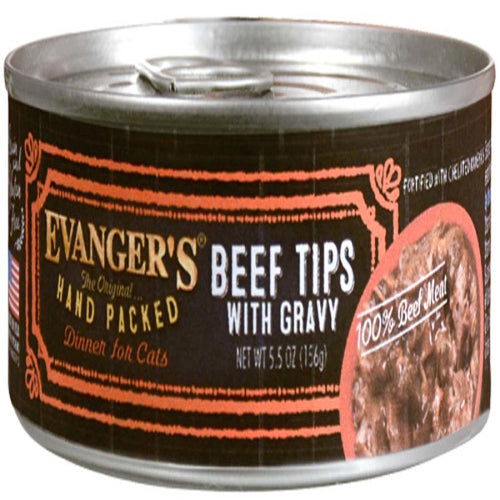 Evangers Hand Packed Super Premium Beef Tips with Gravy Canned Cat Wet Food 5.5 oz 24 Pack