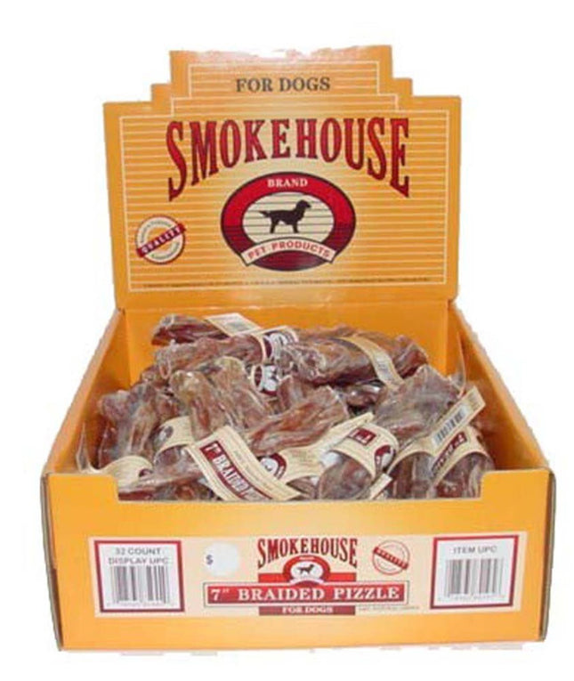 Smokehouse USA Made Braided Pizzle Dog Treats Shelf Display Box 7 in 32 Count