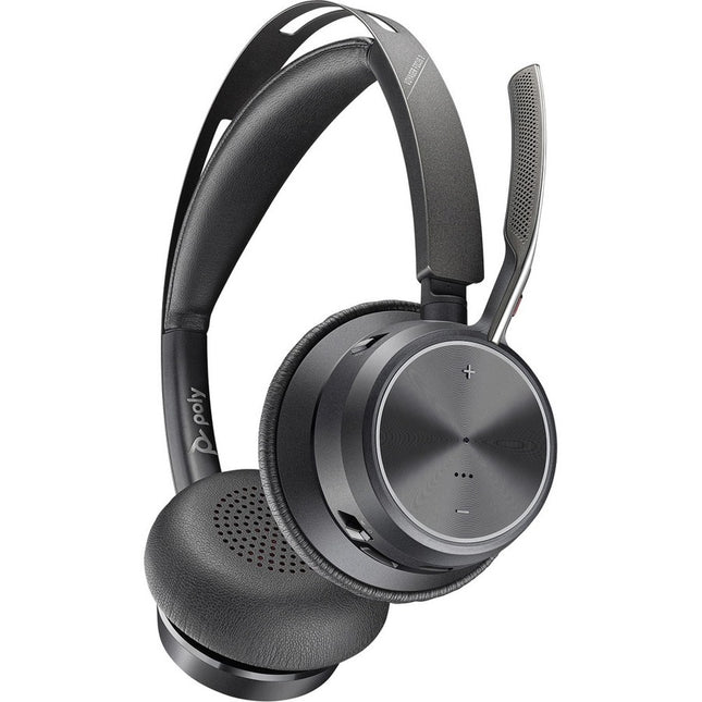 Poly Voyager Focus 2 Headset - Stereo - USB Type A, Micro USB - Wired/Wireless - Bluetooth - 164 ft - 20 Hz - 20 kHz - On-ear - Binaural - Ear-cup - 4.92 ft Cable - Electret Condenser, MEMS Technology Microphone - Noise Canceling - Black