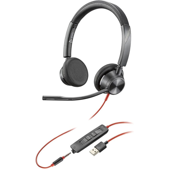 Poly Blackwire 3325 USB-A Headset - Stereo, Mono - USB Type A - Wired - 32 Ohm - 20 Hz - 20 kHz - On-ear, Over-the-head - Binaural - Ear-cup - 7.05 ft Cable - Omni-directional Microphone