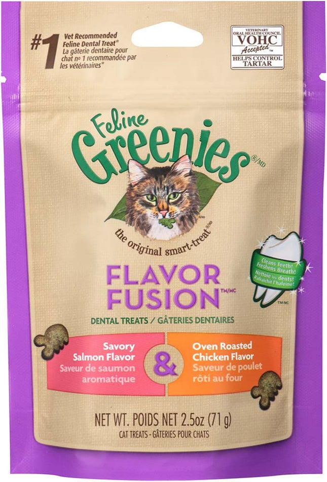 Greenies Feline Flavor Fusion Dental Treats For Cats Salmon and Chicken Flavors 2.5 Oz.