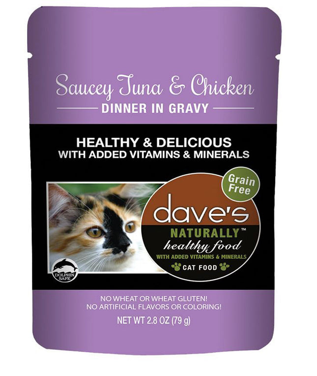 Daves Pet Food Cat Naturally Healthy Pouch - Saucey Tuna and Chicken Dinner in Gravy 2.8oz. (Case of 24)