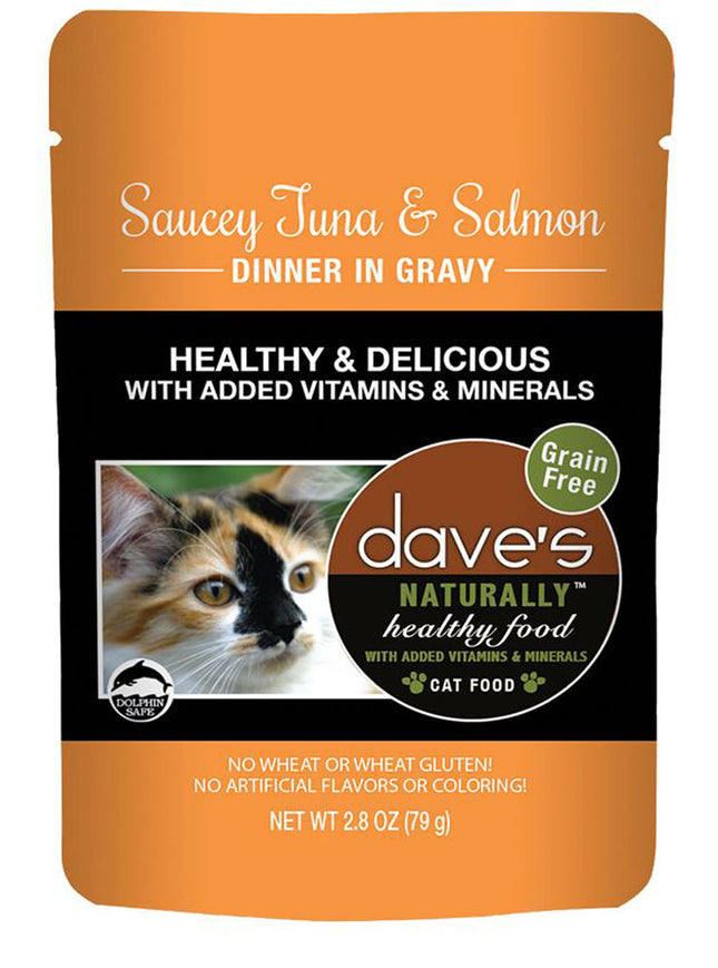 Daves Pet Food Cat Naturally Healthy Pouch - Saucey Tuna and Salmon Dinner in Gravy 2.8oz. (Case of 24)