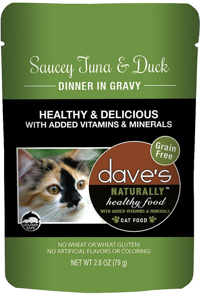 Daves Pet Food Cat Naturally Healthy Pouch - Saucey Tuna and Duck Dinner in Gravy 2.8oz. (Case of 24)