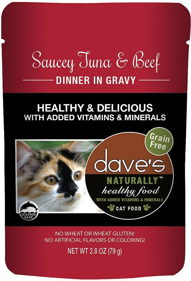 Daves Pet Food Cat Naturally Healthy Pouch - Saucey Tuna and Beef Dinner in Gravy 2.8oz. (Case of 24)