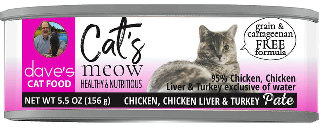 Daves Cat?s Meow 95% Chicken; Chicken Liver; and Turkey Pat? 5.5 oz (Case of 24)