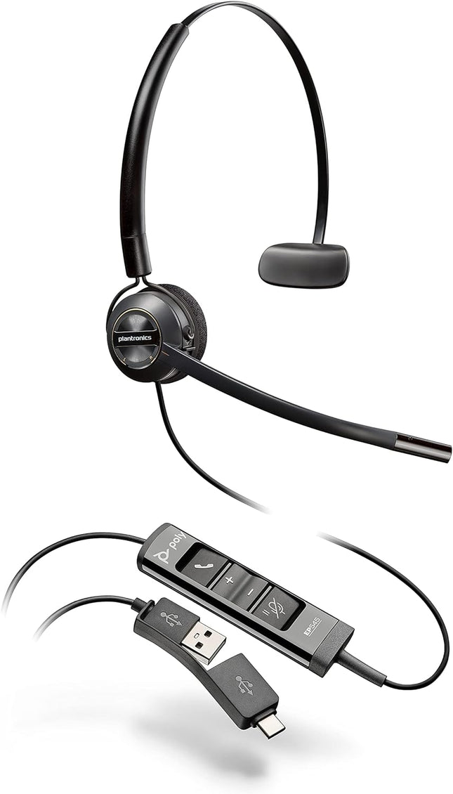 Poly (Plantronics + Polycom) EncorePro 545 USB-A and USB-C USB Headset (Plantronics) - Acoustic Hearing Protection - Hold & Call Answer Buttons - Convertible Wearing Style, Black, Standard Version