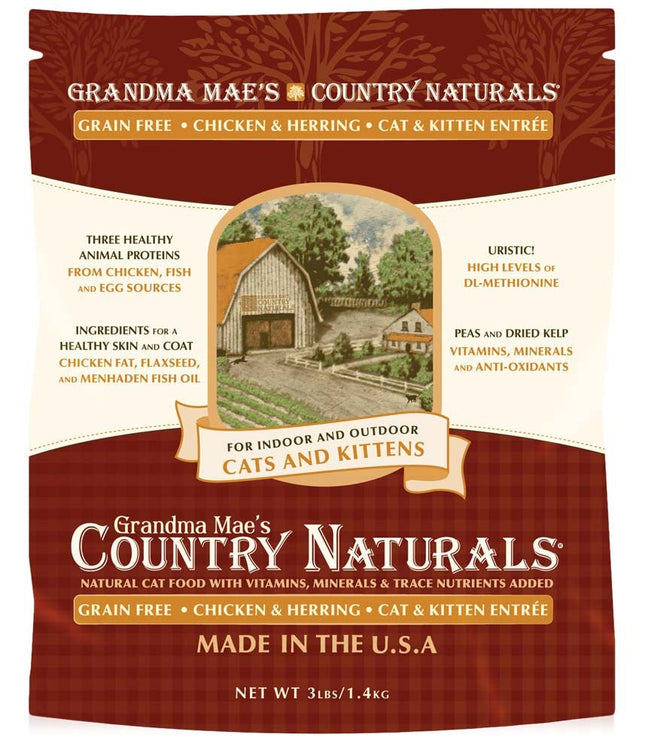 Grandma Maes Country Naturals Cat Grain Free Chicken Meal and Herring Meal Recipe for Cats and Kittens 3lbs.