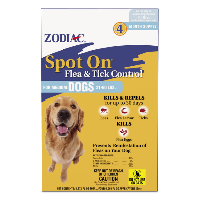 Zodiac Flea and Tick Spot On for Dogs Medium 31-60 Pounds 4 Pack